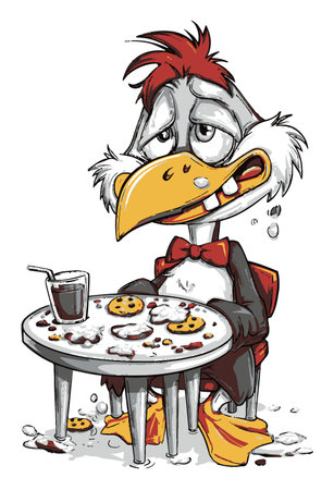 A whimsical cartoon-style bird character sits at a table covered in cookie crumbs and a drink, capturing a humorous and playful moment. The detailed illustration emphasizes the bird's expressive features and fun atmosphere.のイラスト素材