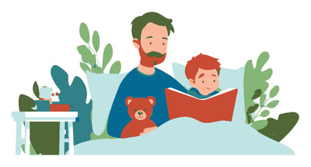 A heartwarming cartoon illustration of a father and son sharing a cozy moment as they read a bedtime story together in a tranquil bedroom setting.のイラスト素材