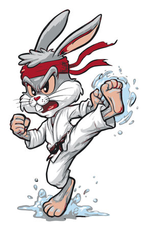 Playful rabbit character depicted in a dynamic karate kick pose. The illustration features a vibrant design, emphasizing agility and martial arts action.のイラスト素材