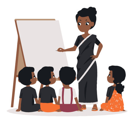 A vibrant cartoon illustration showing a female teacher engaging with her students during a lesson. The diverse group captures attention with curiosity and excitement.のイラスト素材