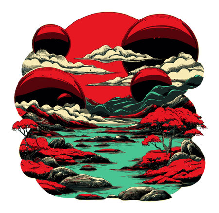 This vibrant abstract illustration features a striking silhouette of mountains, clouds, and planets against a red and green backdrop, evoking a sense of wonder and imagination.のイラスト素材