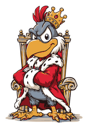 Colorful hand-drawn image of a cartoon bird character dressed as a king. The bird sits confidently on a throne, showcasing a playful and regal demeanor.のイラスト素材