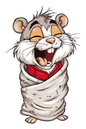 This colorful cartoon illustration features a joyful hamster wrapped in a playful bundle, showcasing a cheerful expression and whimsical character design, perfect for various creative projects.のイラスト素材