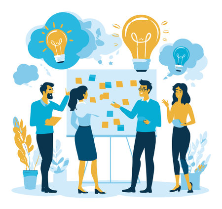 Illustrative cartoon depicting a dynamic team brainstorming ideas in an office setting with light bulbs representing creativity. Ideal for concepts of collaboration and innovation.のイラスト素材
