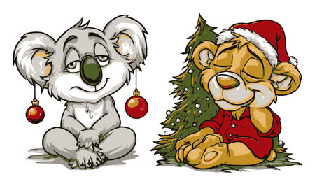 Charming hand-drawn cartoon koala and lion celebrate Christmas. The koala sits beside a festive tree, while the lion relaxes in cozy attire. Perfect for holiday-themed materials!のイラスト素材