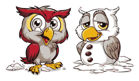 This whimsical illustration features two cute cartoon owls with expressive faces, showcasing a joyful snowy scene. Perfect for children's materials or creative projects!のイラスト素材