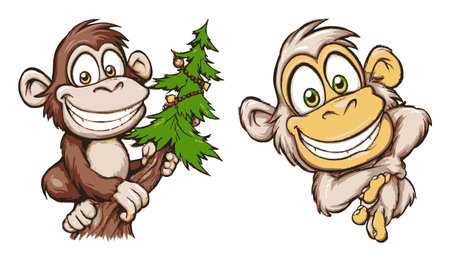This charming illustration features two cute hand-drawn cartoon monkeys with joyful expressions, playfully interacting with a tree, perfect for children's media and fun designs.のイラスト素材