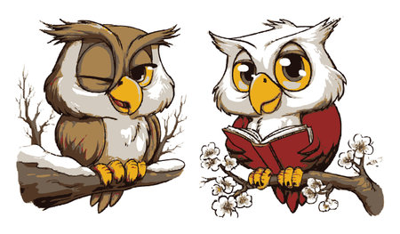 This colorful hand-drawn illustration features two cute cartoon owls on branches. One owl winks, while the other reads a book, showcasing charm and personality in a vibrant nature scene.のイラスト素材