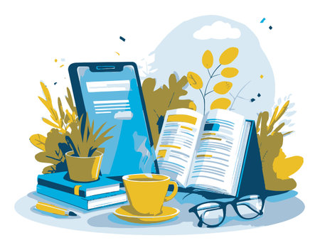 Vibrant illustration depicting a cozy workspace with plants, books, a tablet, and a steaming coffee cup, perfect for conveying a relaxing study atmosphere.のイラスト素材
