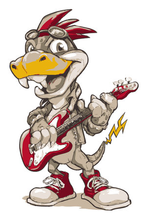 This vibrant hand drawn cartoon dinosaur character plays an electric guitar, exuding a playful and fun personality perfect for music-themed designs.のイラスト素材