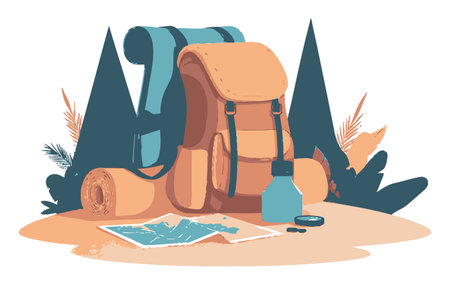 A vibrant cartoon illustration showcasing a backpack with camping gear, a map, and a water bottle, perfect for outdoor adventure themes and travel concepts.のイラスト素材