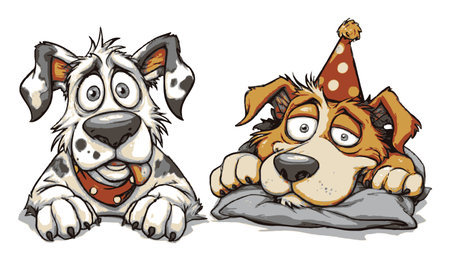 Two adorable cartoon dogs, one wearing a party hat and both with playful expressions, resting on pillows. Perfect for pet-themed designs and joyful art.のイラスト素材