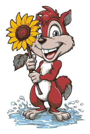 This delightful illustration features a cheerful squirrel holding a bright sunflower, radiating joy and playfulness. Perfect for vibrant projects!のイラスト素材