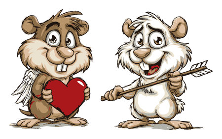 Adorable cartoon hamsters expressing love, one holding a heart and the other an arrow. Perfect for valentine's day projects, greeting cards, or fun illustrations.のイラスト素材