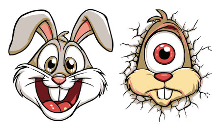 A hand-drawn cartoon illustration featuring two unique bunny faces, one cheerful and the other quirky, showcasing playful expressions and vibrant colors.のイラスト素材