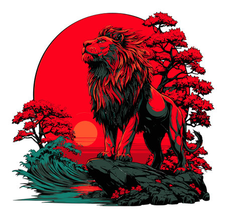 A stunning illustration of a majestic lion silhouette set against a vibrant red sunset. The scene features a dramatic landscape with trees and waves, symbolizing strength and beauty in nature.のイラスト素材