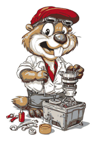 This vibrant hand-drawn cartoon depicts a cheerful beaver mechanic working with tools and engine parts, showcasing creativity and playful energy.のイラスト素材