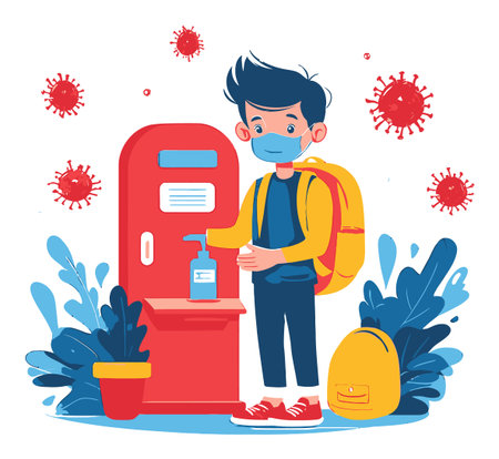 A vibrant cartoon illustration of a boy using hand sanitizer, wearing a mask, representing health and safety during a pandemic, surrounded by colorful elements.のイラスト素材