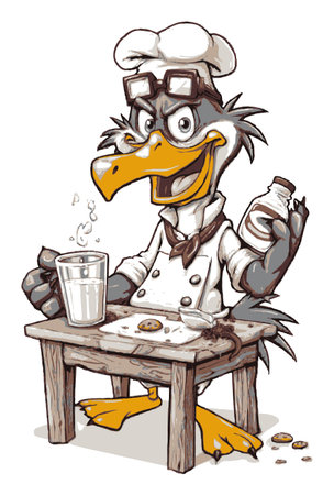 A charming cartoon duck chef sits at a table, enjoying cookies and milk, showcasing a humorous and playful vibe with expressive details and vibrant colors.のイラスト素材
