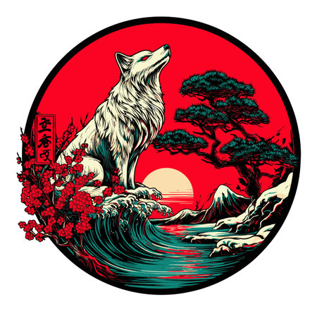 This captivating illustration features a striking silhouette of a wolf howling against a vibrant red sunset, surrounded by natural elements.のイラスト素材