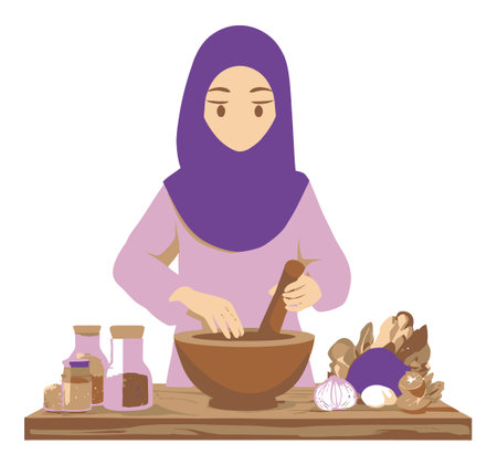 A vibrant vector illustration depicting a woman in hijab grinding spices in a bowl. Surrounded by fresh ingredients, this artwork captures the essence of culinary traditions and daily life.のイラスト素材