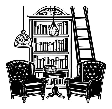 This elegant engraving features a vintage library scene with two classic chairs, a large bookshelf, and a stylish ladder, evoking a cozy reading atmosphere.のイラスト素材