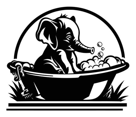 A charming illustration of a baby elephant joyfully enjoying a bubble bath. This vintage-style engraving captures the playful nature of animals and evokes a sense of fun and creativity.のイラスト素材