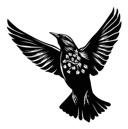 This striking black and white engraving showcases a stylized bird in flight, combining elegance and artistry in a captivating design. Perfect for nature themes.のイラスト素材
