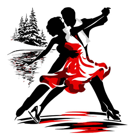 A vibrant illustration of a romantic couple dancing on ice, set against a scenic winter backdrop. The dynamic poses and stylish attire capture the beauty of winter romance.のイラスト素材
