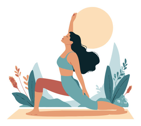 This vibrant cartoon illustration features a woman performing a yoga pose under a sun, surrounded by natural elements, symbolizing health and wellness.のイラスト素材