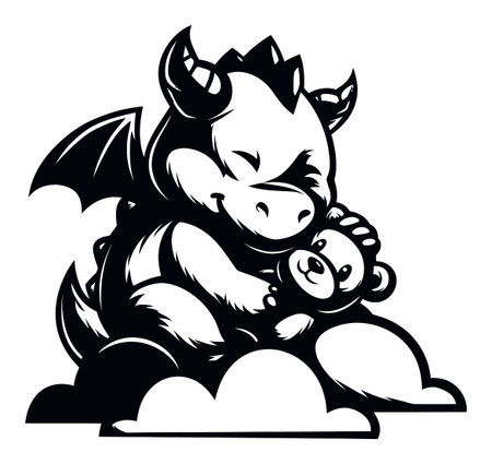 This whimsical black and white illustration features a cute dragon joyfully embracing a teddy bear, symbolizing friendship and innocence in a playful, imaginative design.のイラスト素材