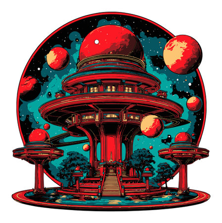 This vibrant illustration features a futuristic silhouette of a cosmic structure surrounded by colorful planets, evoking a sense of wonder and imagination in a stellar landscape.のイラスト素材