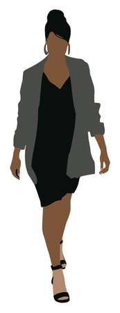 A striking vector illustration of a stylish woman walking confidently in a chic dress and jacket. Perfect for fashion-themed projects and creative designs.のイラスト素材
