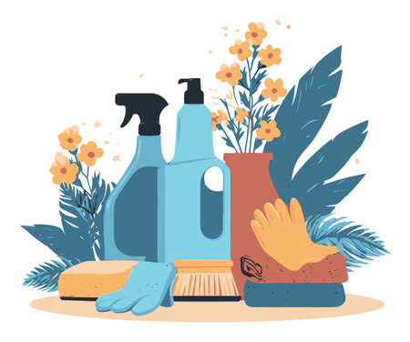 Bright vector illustration showcasing various cleaning supplies among floral elements. Perfect for home cleaning service themes, this design combines utility and nature.のイラスト素材