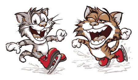 Two cheerful cartoon cats ice skating with big smiles and playful energy. Perfect for winter-themed designs or fun illustrations showcasing joy and activity.のイラスト素材