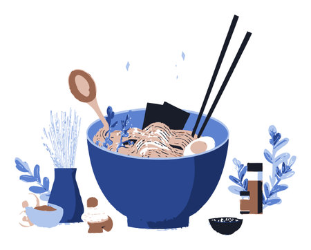 A vibrant cartoon illustration of a delicious bowl of noodles, surrounded by fresh cooking ingredients and garnishes, perfect for food lovers.のイラスト素材