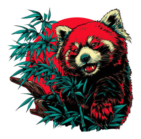 A striking illustration of a red panda silhouette framed by bamboo, set against a bold background. The vibrant colors and playful design capture the essence of wildlife art.のイラスト素材