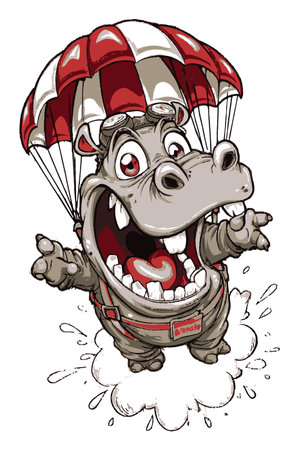 This hand-drawn cartoon illustration features a joyful hippo with a parachute, soaring through the air. Capturing fun and adventure, this vibrant design is perfect for children's content.のイラスト素材