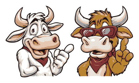 This vibrant hand-drawn illustration features two playful cartoon cows. One cow sports sunglasses and a bandana, both with cheerful expressions and funny gestures. Perfect for fun-themed projects.のイラスト素材
