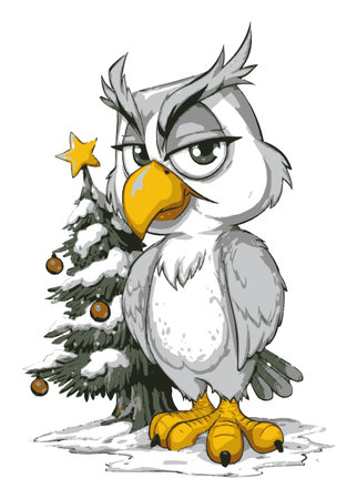 This cartoon owl character stands confidently next to a decorated Christmas tree, showcasing a playful winter theme with snow and festive ornaments.のイラスト素材