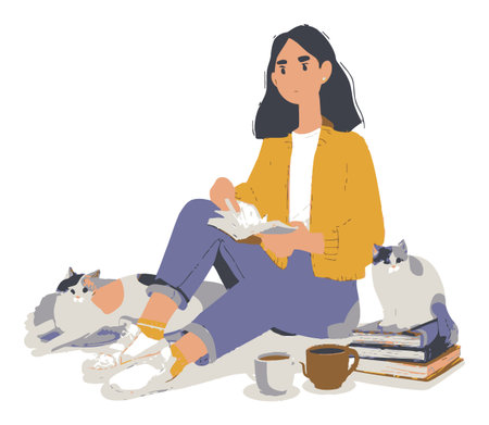 This whimsical illustration features a woman enjoying a book with her adorable cats by her side. Perfect for cozy lifestyle themes.のイラスト素材