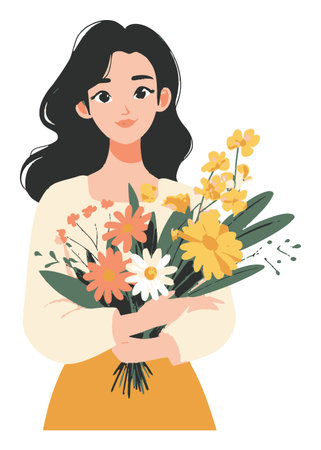 This delightful illustration features a young woman holding a vibrant bouquet of flowers, exuding a joyful and cheerful vibe, perfect for spring or nature themes.のイラスト素材