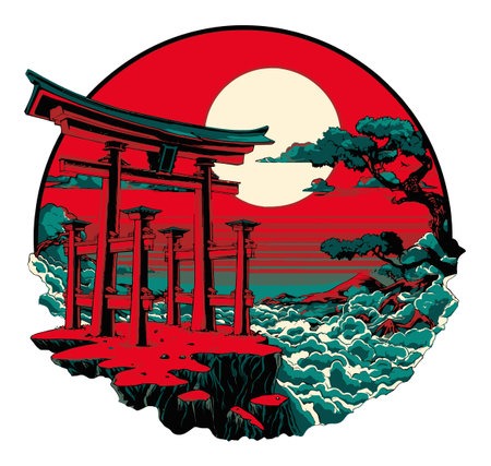 Stunning illustration featuring a silhouette of a torii gate against a vivid red moon, surrounded by swirling clouds and serene landscape. Perfect for art lovers.のイラスト素材