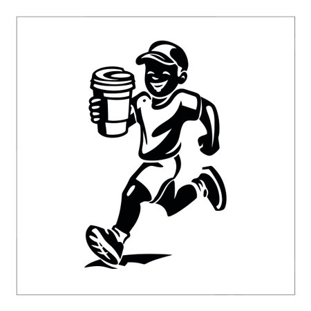 This engaging illustration features a joyful boy running happily while holding a coffee cup. The engraved style adds a unique artistic touch, capturing youthfulness and energy.のイラスト素材
