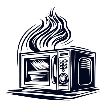 Engraving style illustration of a microwave oven with steam rising, showcasing its design and function in a modern kitchen setting.のイラスト素材