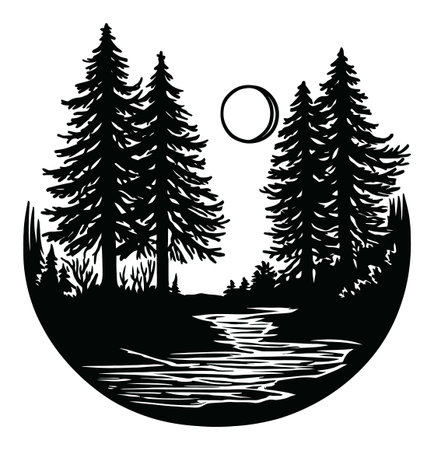A beautifully crafted black and white engraving showcasing trees beside a serene river, perfect for nature enthusiasts and art lovers alike.のイラスト素材