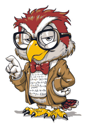 Colorful hand-drawn cartoon owl character wearing glasses and a bow tie, exuding an academic vibe. Perfect for educational themes or fun illustrations.のイラスト素材