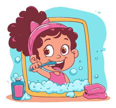 A joyful girl brushes her teeth in a colorful cartoon illustration, surrounded by bubbles and a playful atmosphere, promoting hygiene and self-care habits.のイラスト素材