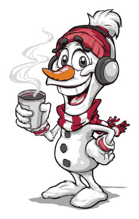 This delightful cartoon snowman character smiles while holding a warm drink. Dressed in winter accessories, it embodies cheerful holiday spirit and cozy vibes.のイラスト素材