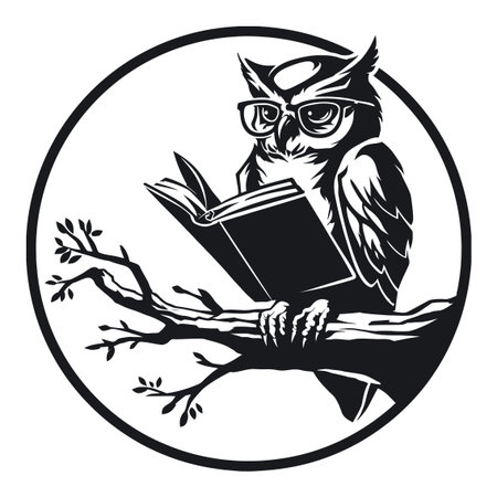 Engaging illustration of a wise owl wearing glasses, perched on a branch while reading a book. This black and white engraving captures the essence of knowledge and curiosity.のイラスト素材